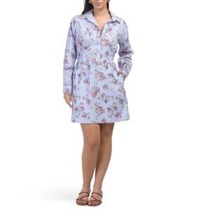 MODA I Blue/White Made In Italy Cotton Blend Striped Floral Shirt Mini Dress